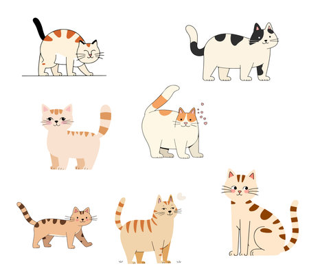 A collection of cute cartoon cats in various poses and colors, set against a white background. Simple, adorable, and playful design.のイラスト素材