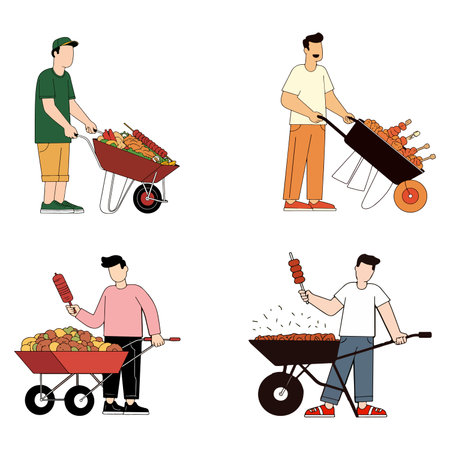 Four people are pushing wheelbarrows full of food, including fruits, vegetables, and meat skewers.のイラスト素材