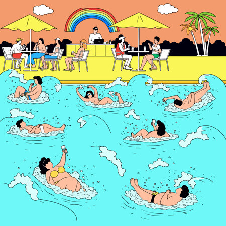 Illustration of people relaxing by the pool, some swimming and some at a poolside bar, under a rainbow and palm trees.のイラスト素材