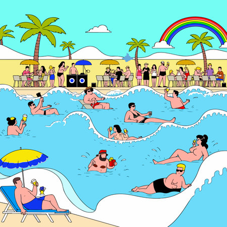 Illustration of people relaxing by the pool, some swimming and some at a poolside bar, under a rainbow and palm trees.のイラスト素材