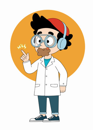 A cartoon scientist with a red cap, goggles, headphones, and a lab coat stands against a light green background.のイラスト素材