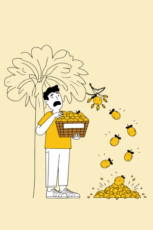A cartoon man with a sad expression carries a lemon tree with lemons displaying various emotions and...