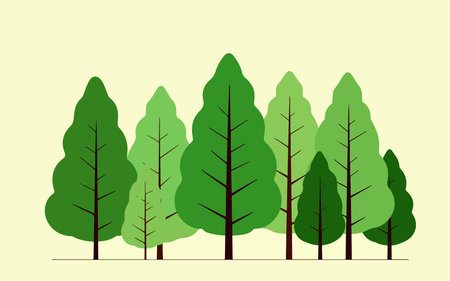 A cartoon forest scene featuring a mix of pine trees and hop trees with a light green background and a green bush-like ground cover.のイラスト素材