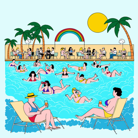 Illustration of people relaxing by the pool, some swimming and some at a poolside bar, under a rainbow and palm trees.のイラスト素材