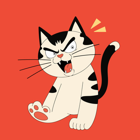 A cartoon illustration of an angry black and white cat with a red background, showing its teeth and claws.のイラスト素材