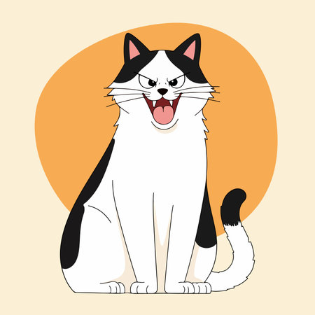 A cartoon illustration of a black and white cat sitting and growing with an orange circle in the background.のイラスト素材