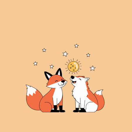 A charming illustration of a fox and wolf gazing at a sun surrounded by stars, set against a soft peach background.のイラスト素材