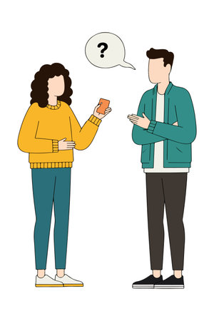 Two people in a conversation, with a question mark speech bubble indicating uncertainty or inquiry.のイラスト素材