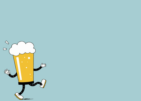 A cartoon beer glass with arms and legs is walking happily on a light blue background. The beer glass has a foamy head.のイラスト素材