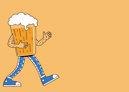 Cartoon illustration of a beer glass character walking with arms and legs, wearing blue sneakers and pants, against a light orange background.のイラスト素材
