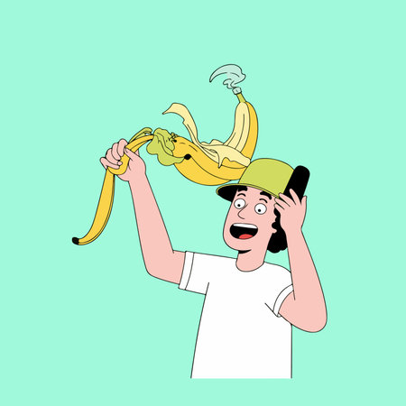 A cartoon man wearing a banana peel as a hat, holding the banana peel above his head with a surprised expression.のイラスト素材