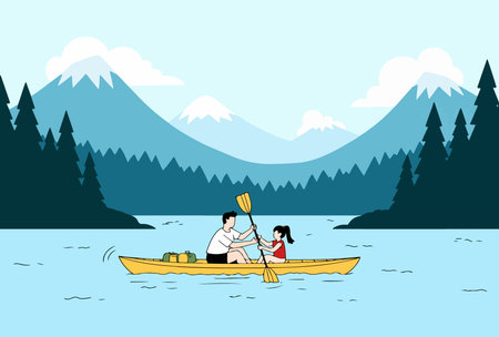 A couple paddles a yellow kayak on a serene lake, with mountains and trees in the background, enjoying a peaceful outdoor adventure.のイラスト素材