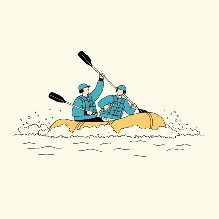 Illustration of two people in a raft paddling through water, wearing life vests and hats, with stylized waves and water droplets.のイラスト素材