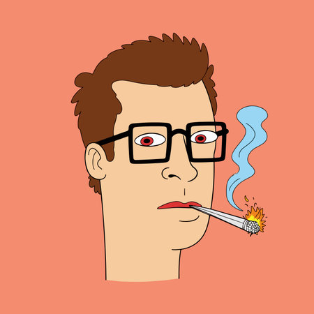 Cartoon illustration of a man with red eyes and glasses smoking a lit cigarette, set against a peach background.のイラスト素材