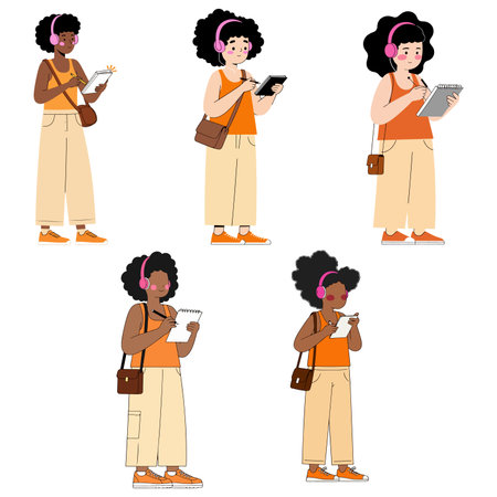 Illustration of five diverse women wearing headphones, each holding a tablet or notebook and taking notes, showingcasing modern lifestyle and technology.のイラスト素材