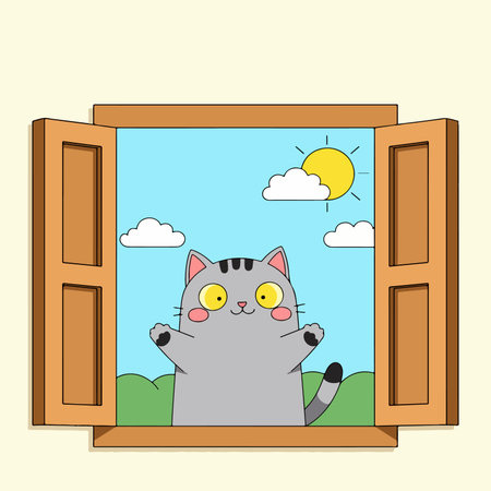 A gray cartoon cat stands by an open window, looking out at a sunny sky with clouds and green hills.のイラスト素材