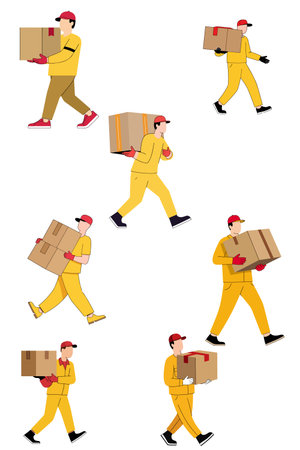 Illustration of delivery workers in uniform carrying cardboard boxes, showcasing movement and logistics. Vector art on a white background.のイラスト素材