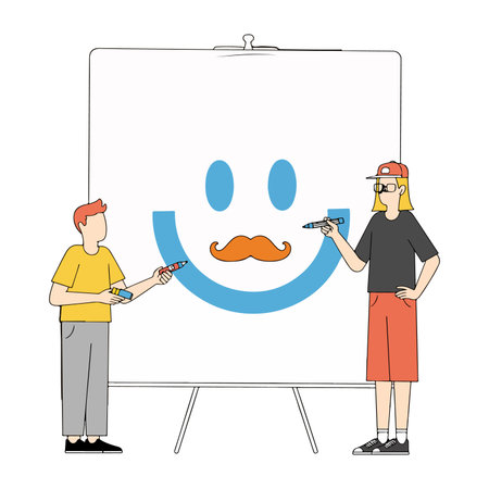 Two people drawing a smiley face with a mustache on a whiteboard, using markers. Creative and fun illustration.のイラスト素材