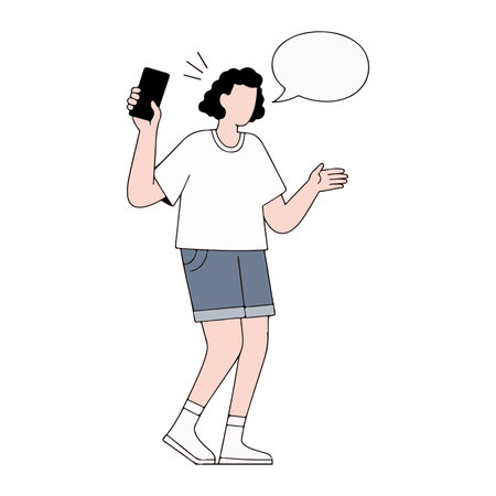A woman in casual attire holds a phone and gestures with an empty speech bubble above her head, isolated on a white background.のイラスト素材