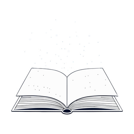 A minimalist illustration of an open book with sparkles floating above, symbolizing knowledge and imagination.のイラスト素材