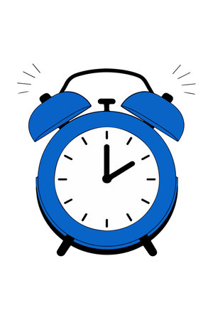 A vibrant blue alarm clock with ringing bells, set against a clean white background, indicating it's time to wake up or take action.のイラスト素材