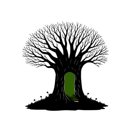 A silhouette of a large tree with bare branches and a glowing green doorway at its base, set against a white background.のイラスト素材