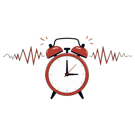 Illustration of a red alarm clock ringing, depicted with sound waves emanating from it, set against a clean white background.のイラスト素材
