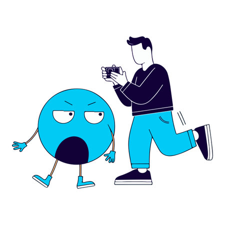 A man is taking a photo of an angry blue circle character with arms and legs. The character looks annoyed at being photographed.のイラスト素材
