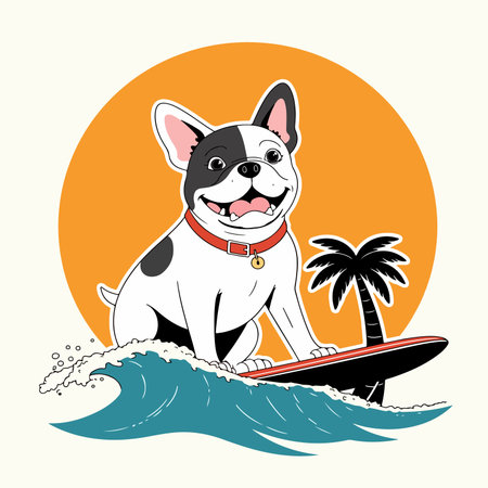 Cartoon illustration of a cool bulldog wearing sunglasses and surfing a wave with a retro sun in the background.のイラスト素材