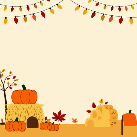 A festive fall frame featuring a scarecrow, pumpkins, hay bales, colorful leaves, and string lights, perfect for autumn-themed designs.のイラスト素材