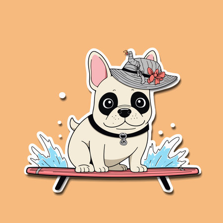 Cartoon illustration of a cool bulldog wearing sunglasses and surfing a wave with a retro sun in the background.のイラスト素材