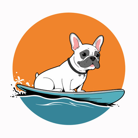 Cartoon illustration of a cool bulldog wearing sunglasses and surfing a wave with a retro sun in the background.のイラスト素材