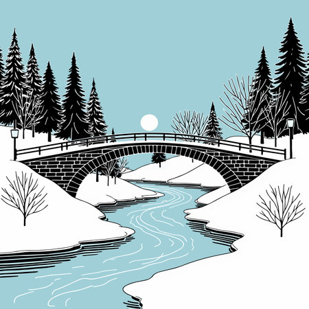 A serene winter scene featuring a stone bridge over a flowing river, surrounded by snow-covered...
