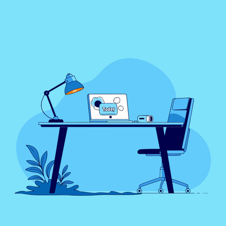 A clean, minimalist illustration of a workspace with a desk, chair, laptop, lamp, and plant on a light blue background.のイラスト素材