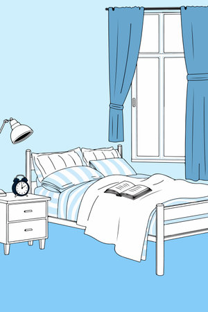 Illustration of a bedroom with a bed, nightstand, lamp, alarm clock, book, window, and blue curtains, creating a peaceful and inviting atmosphere.のイラスト素材