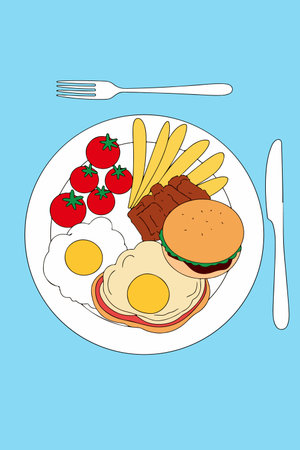 Illustration of a plate with a full breakfast: eggs, bacon, tomatoes, fries, meat, and a burger, served with a fork and knife.のイラスト素材