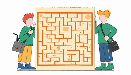 Two cartoon boys with shoulder bags are looking at a maze, trying to find the solution. The maze is orange and beige.のイラスト素材