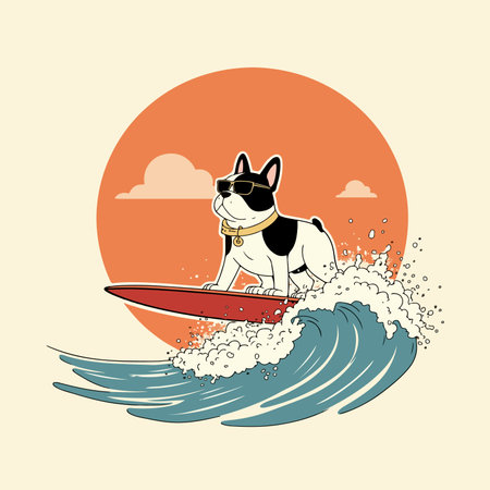 Cartoon illustration of a cool bulldog wearing sunglasses and surfing a wave with a retro sun in the background.のイラスト素材