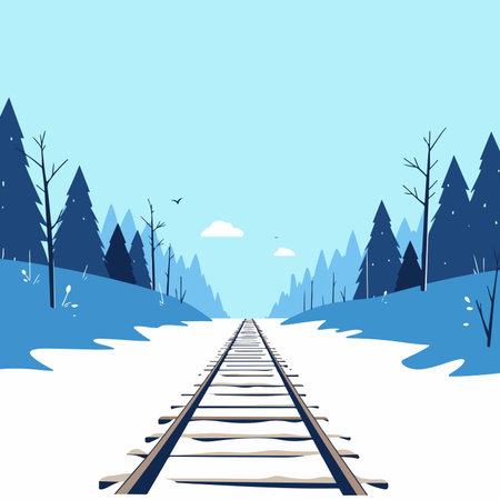 A minimalist illustration of a railroad track leading through a snow-covered forest under a light blue sky, evoking a sense of winter tranquility.のイラスト素材