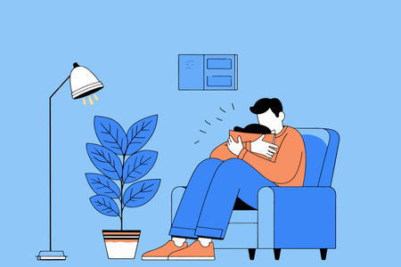 Stylized illustration of a man in an armchair, reading a book in a cozy room with a lamp and potted plant. Serene and relaxed atmosphere.のイラスト素材