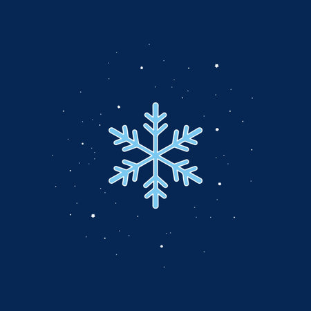 A light blue snowflake with a white outline is centered on a dark blue background with scattered...