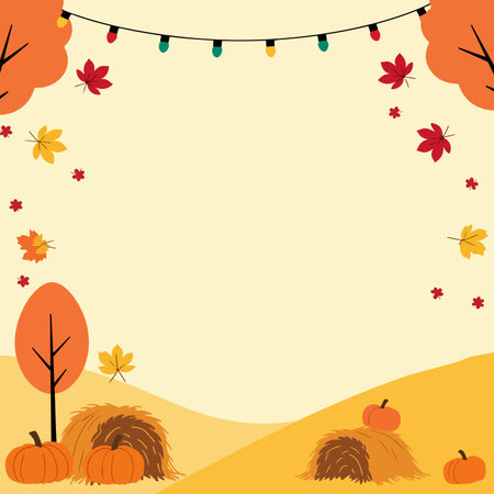 A festive fall frame featuring a scarecrow, pumpkins, hay bales, colorful leaves, and string lights, perfect for autumn-themed designs.のイラスト素材