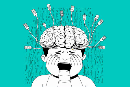A person overwhelmed by information, symbolized by USB cables plugged into a brain, against a backdrop of binary code.のイラスト素材