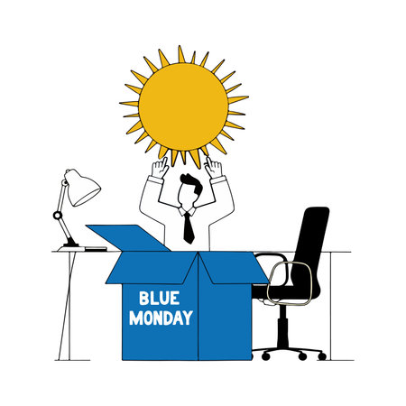 A man in a box labeled 'Blue Monday' reaches for the sun, symbolizing overcoming seasonal affective disorder and finding positivity.のイラスト素材
