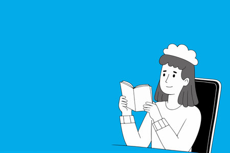 A woman with a white hat is reading a book, sitting in front of a black frame on a blue background. Simple, clean illustration.のイラスト素材