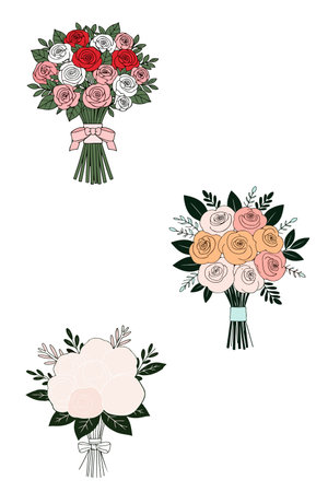 Illustration of three different floral bouquets with roses and greenery, each tied with a ribbon or string.のイラスト素材