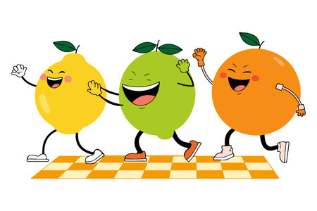 A cheerful cartoon featuring a lemon, lime, and orange walking happily on a checked yellow and white mat.のイラスト素材