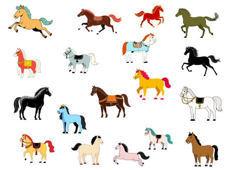 A colorful assortment of cartoon horses in various poses and colors, some with saddles and decorative elements, against a white background.のイラスト素材