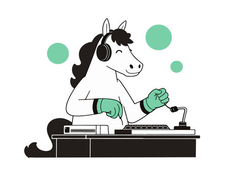 A cartoon horse wearing headphones and green gloves is mixing music on a turntable, with green circles floating in the background.のイラスト素材