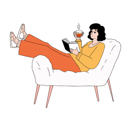 Illustration of a woman relaxing in an armchair, reading a book and enjoying a cup of tea. Cozy and peaceful scene.のイラスト素材